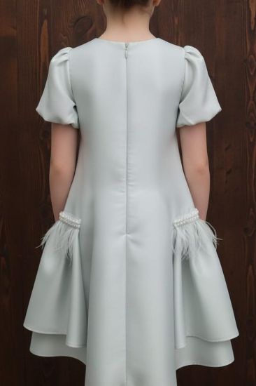 صورة فستان اخظر فاتح بالريش والؤلؤ على العنق والجوانب